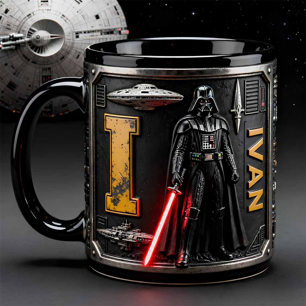 Stwa Galaxy Star Initial Darth Vader - Personalized Black Edge-To-Edge Mug - Gift For Movie Fans NL122