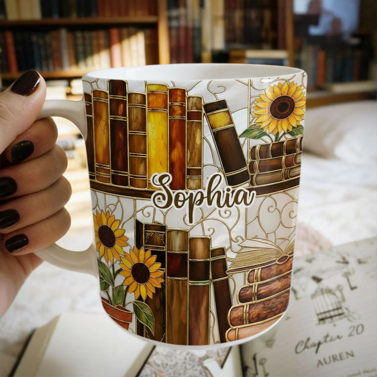 Sunflower Bookish Dream - Personalized White Edge-to-Edge Mug - Gift For Book Lovers, Readers, Women HN02