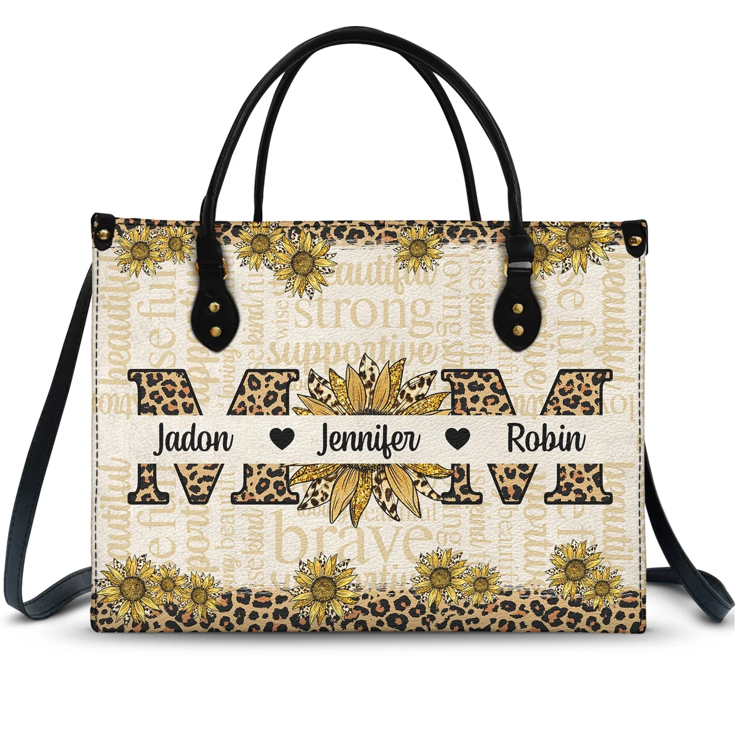 Sunflower Brave Strong And Positive Mom  - Personalized Leather Bag - Gift For Wife, Mother, Grandma, Grandmother, Mother's Day | NA94