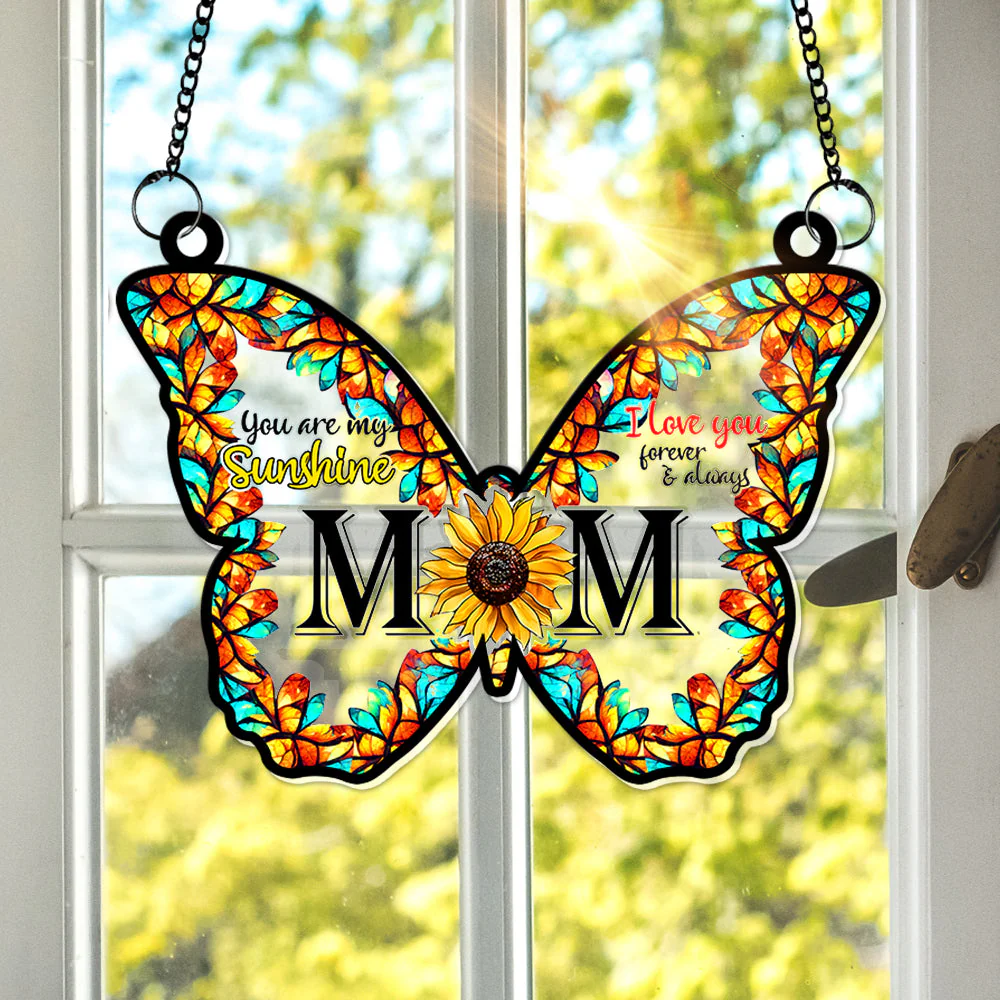 Sunflower Butterfly Mom - Personalized Window Hanging Suncatcher - Gift For Mom, Grandma HN02