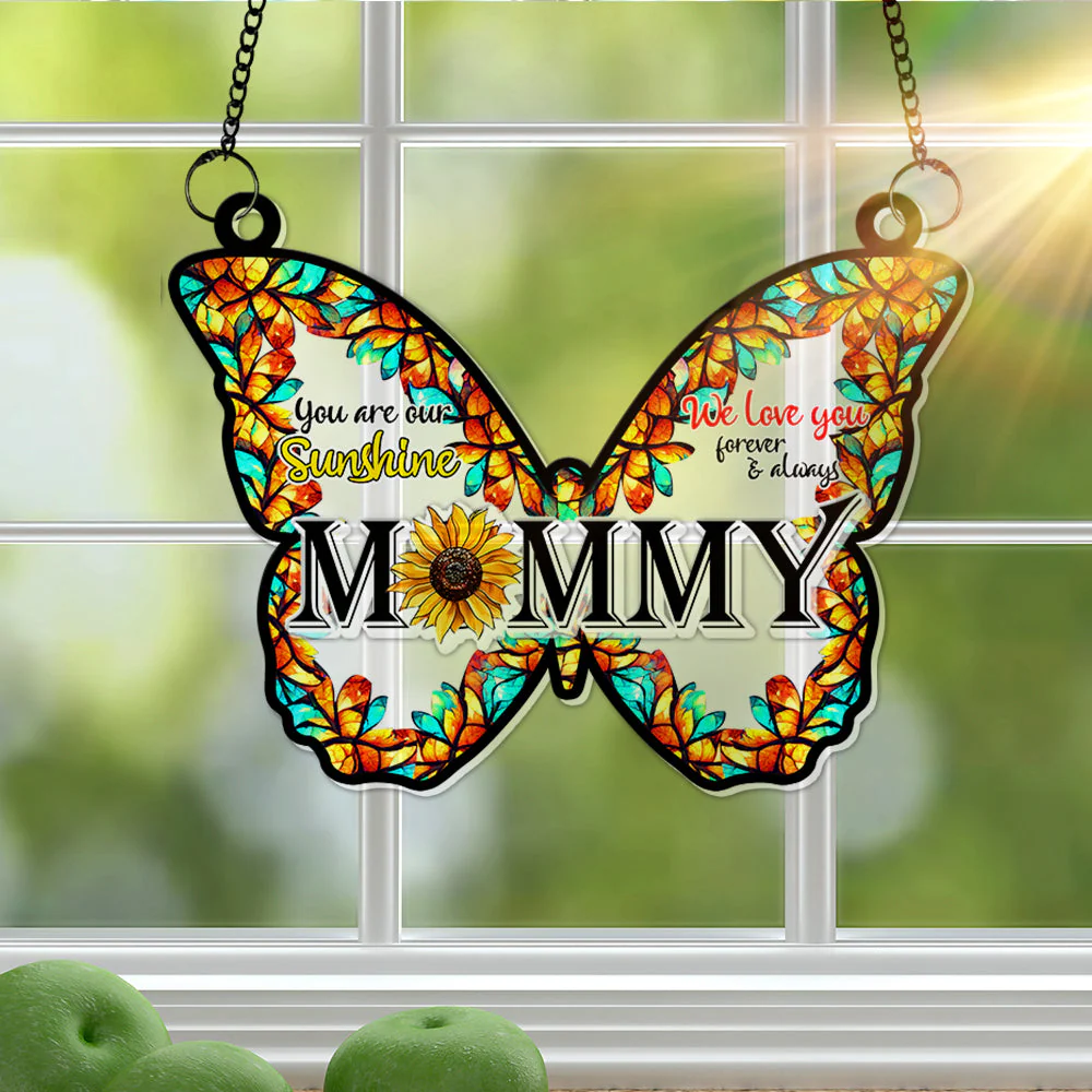 Sunflower Butterfly Mom - Personalized Window Hanging Suncatcher - Gift For Mom, Grandma HN02 - Image 2