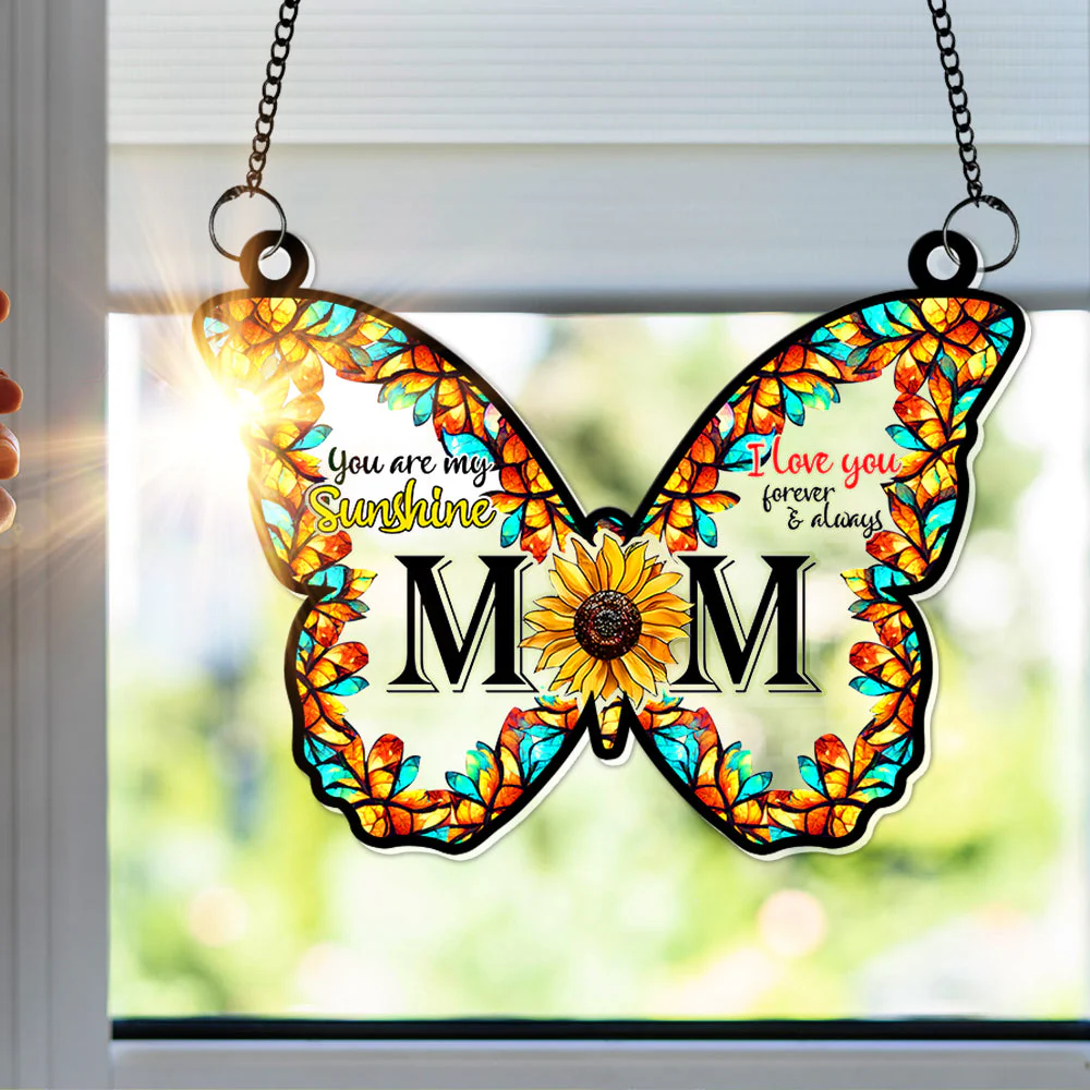 Sunflower Butterfly Mom - Personalized Window Hanging Suncatcher - Gift For Mom, Grandma HN02 - Image 3