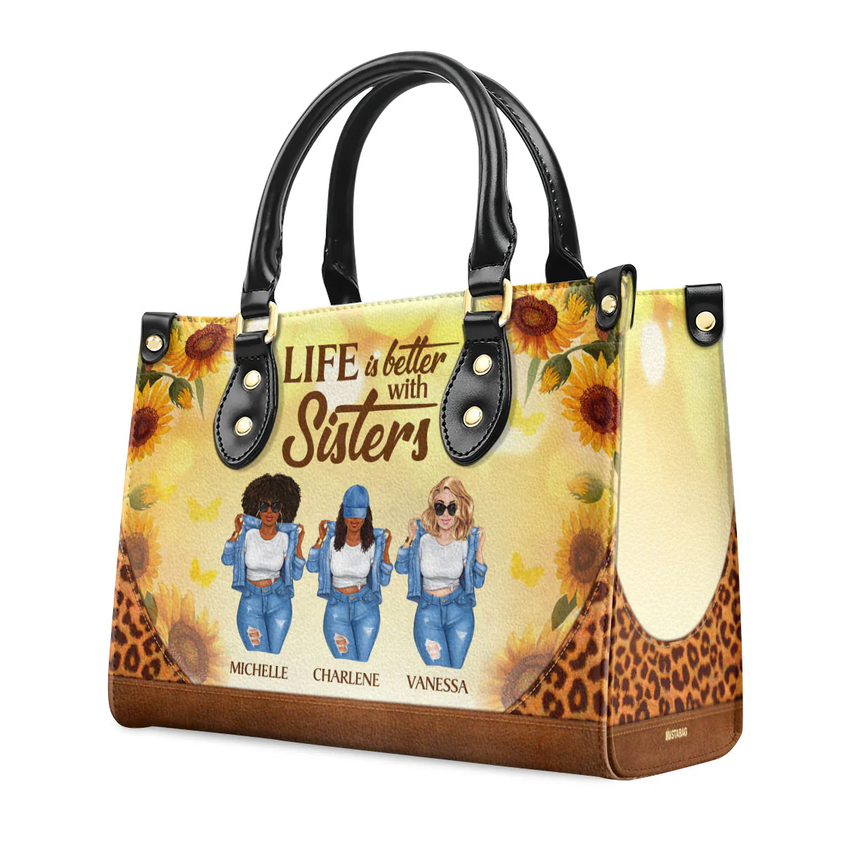 Sunflower & Leopard Print Sisterhood Tote - Personalized Leather Handbag - Gift For Black Women | GR3 HD95 - Image 2