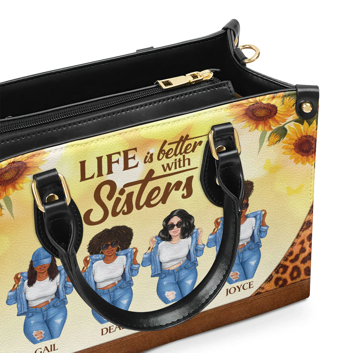 Sunflower & Leopard Print Sisterhood Tote - Personalized Leather Handbag - Gift For Black Women | GR3 HD95 - Image 4