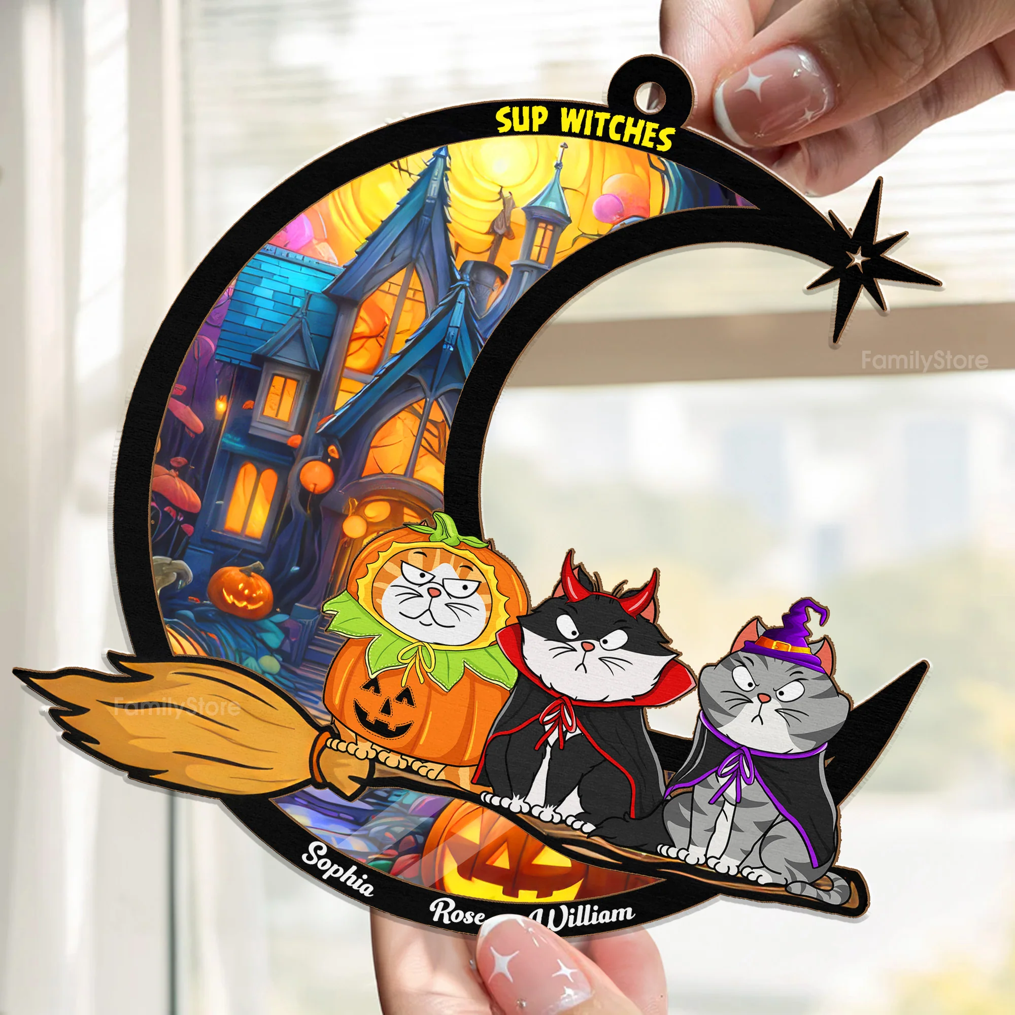 Sup Witches Halloween Cats - Personalized Window Hanging Suncatcher - Gift For Pet Lovers, Pet Owners | CLP01 NL122 - Image 2