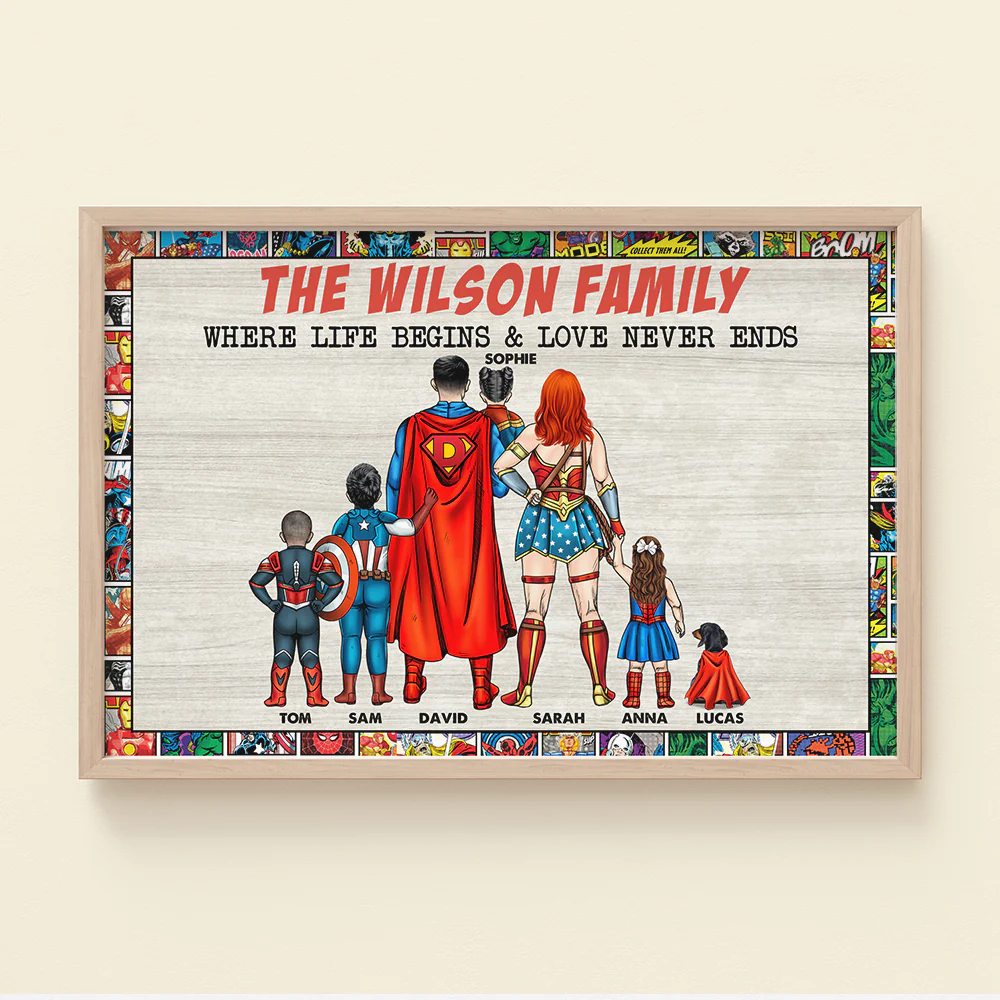 Super Hero Family Where Life Begins - Gift For Dad, Father's Day - Personalized Canvas Poster
