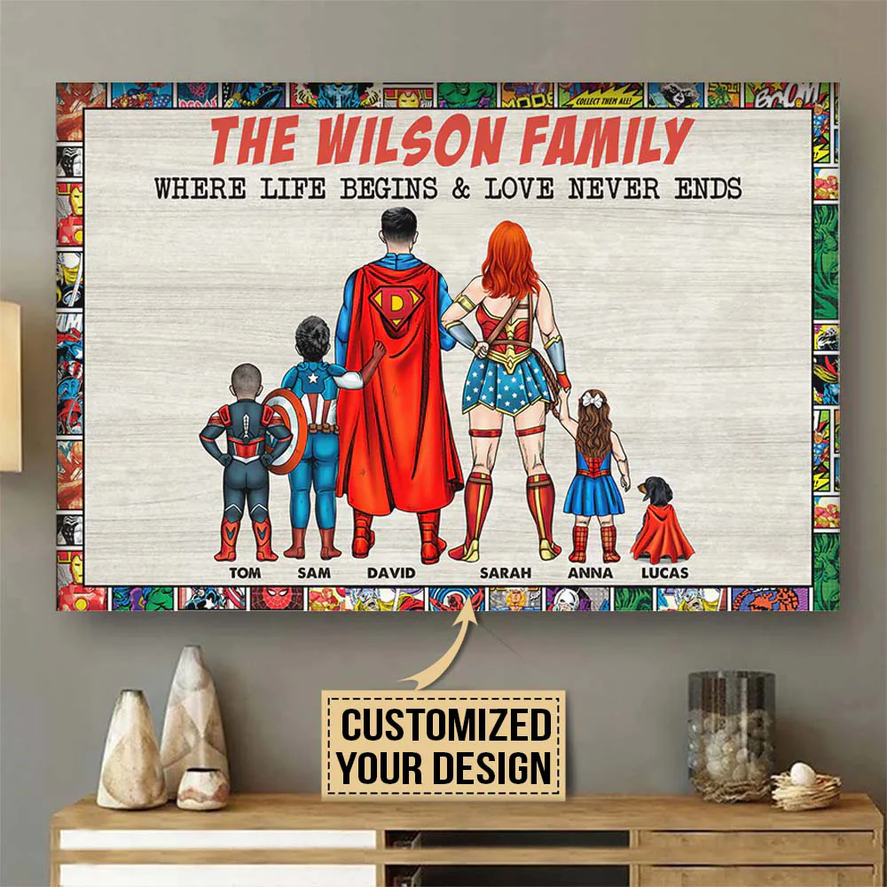 Super Hero Family Where Life Begins - Gift For Dad, Father's Day - Personalized Canvas Poster - Image 2