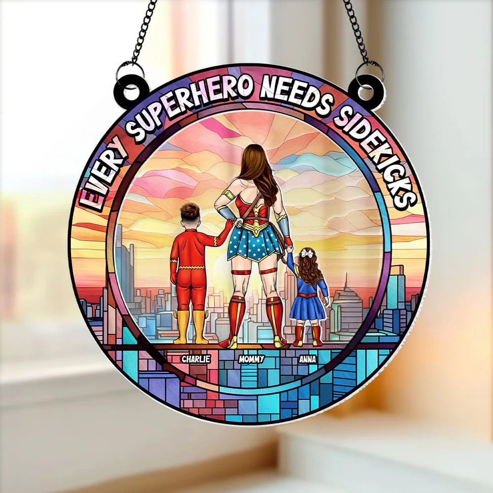 Supermom Best Mom & Her Sidekick - Gifts For Mom - Personalized Window Hanging Suncatcher | CL02.Ver4