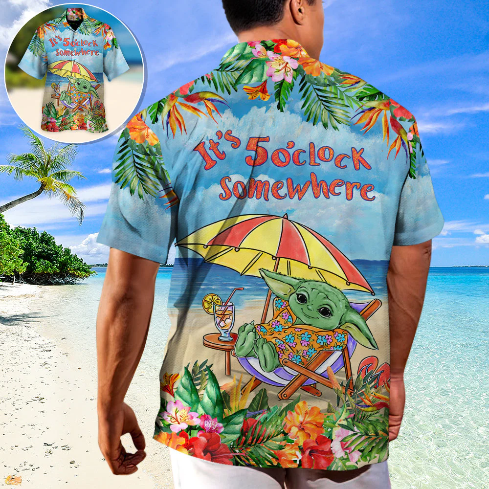 SW Baby Yoda In The Beach It’s 5 O’clock Somewhere Print - Hawaiian Shirt - Image 2