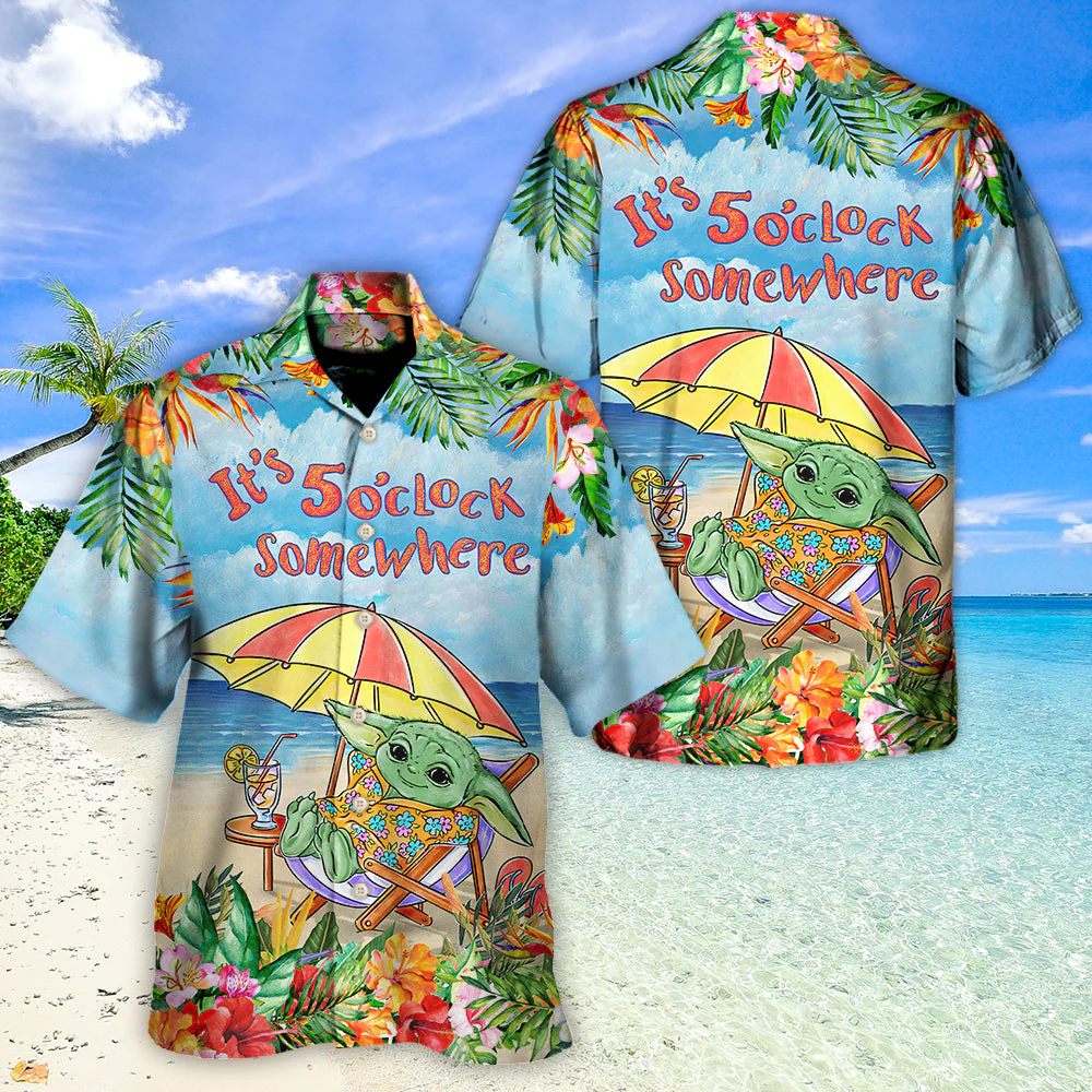 SW Baby Yoda In The Beach It’s 5 O’clock Somewhere Print - Hawaiian Shirt - Image 3