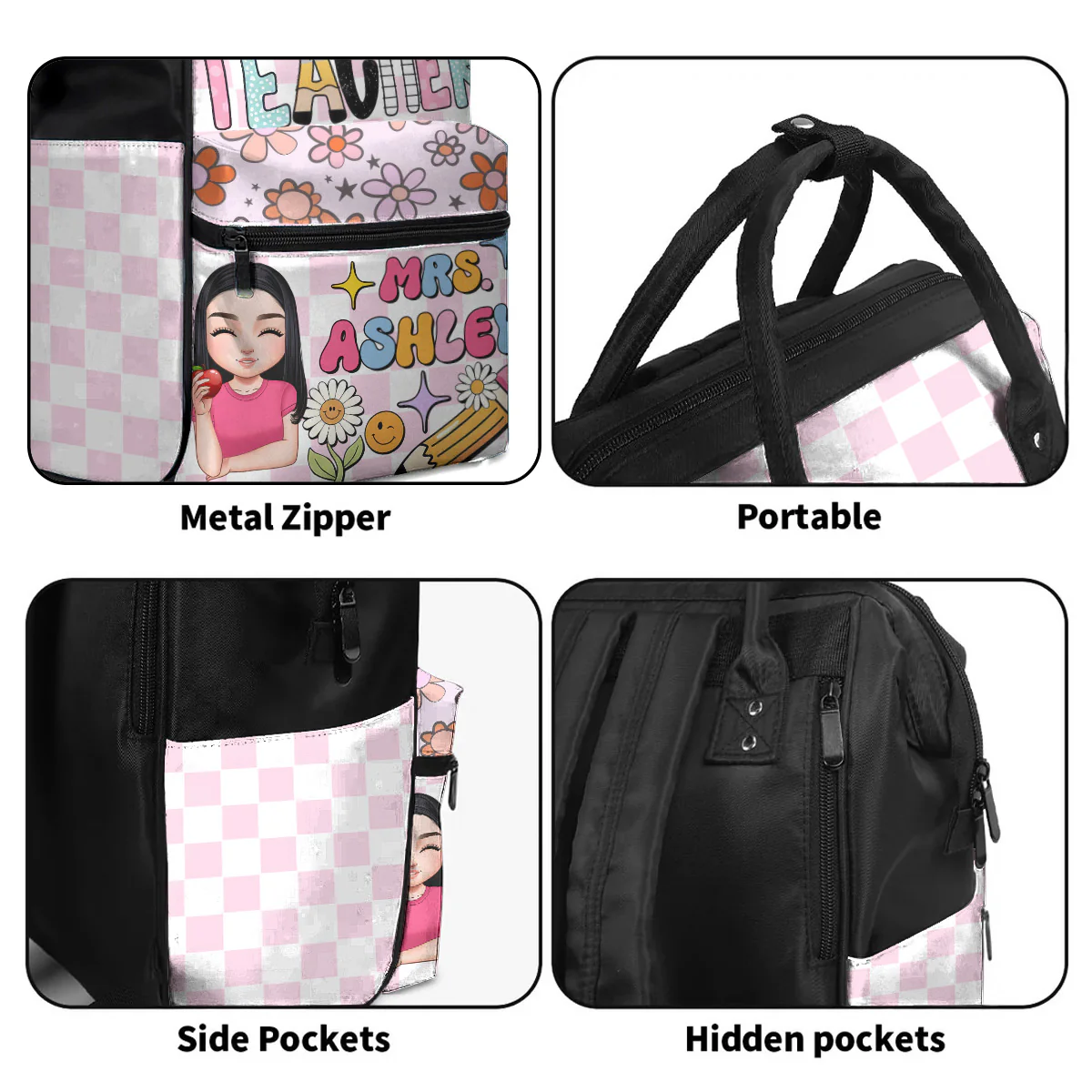 Teacher Checkered Pattern - Personalized Duckbilled Backpack, Back To School Gift | CLTC05 - Image 5