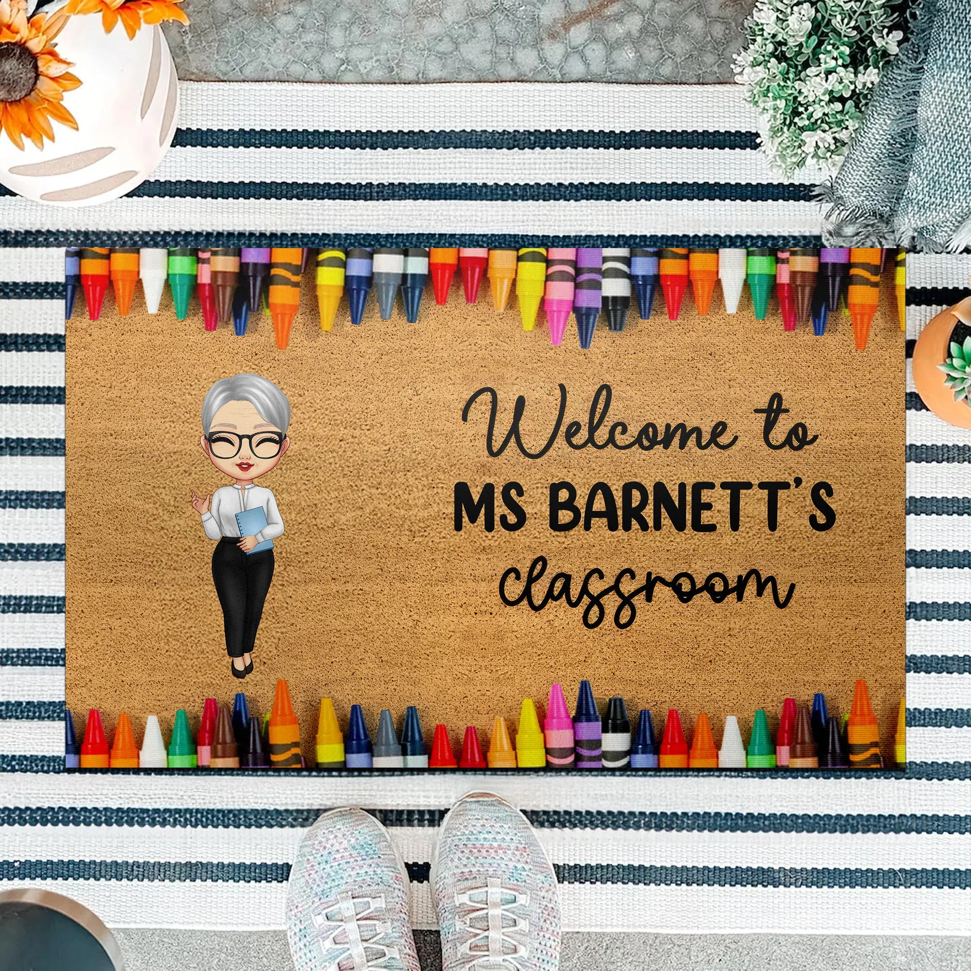 Teacher Classroom Crayon Border - Personalized Doormat, Back To School Gift, Classroom Decor | CLTC01