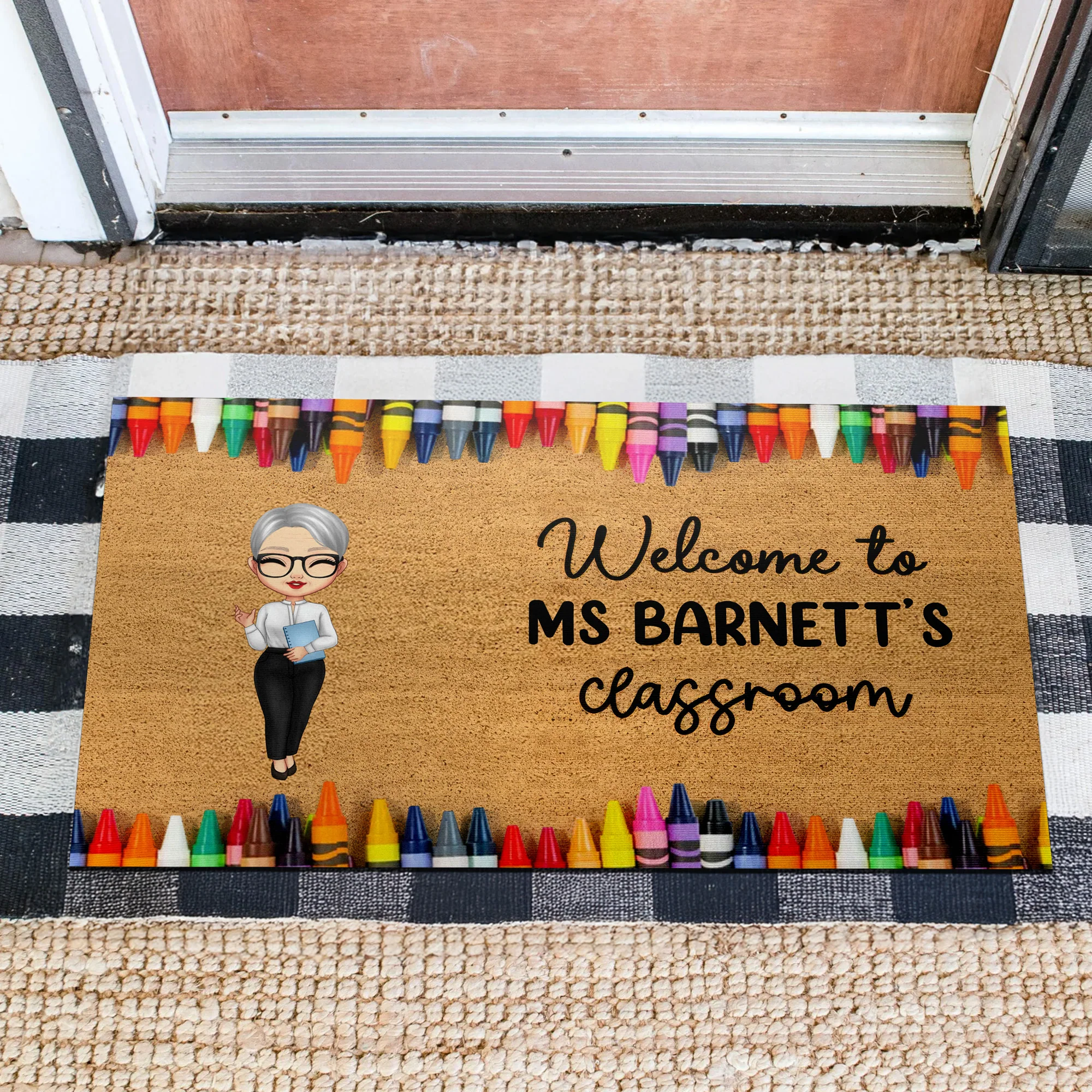 Teacher Classroom Crayon Border - Personalized Doormat, Back To School Gift, Classroom Decor | CLTC01 - Image 2
