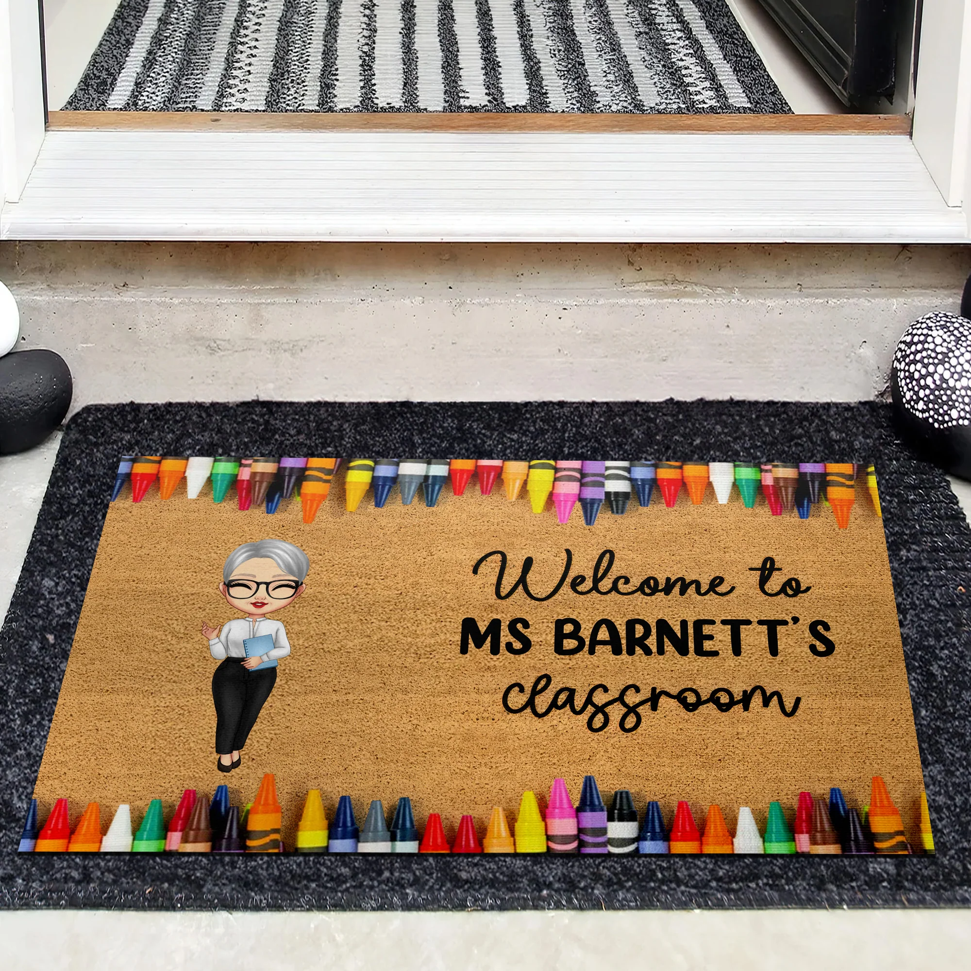 Teacher Classroom Crayon Border - Personalized Doormat, Back To School Gift, Classroom Decor | CLTC01 - Image 3