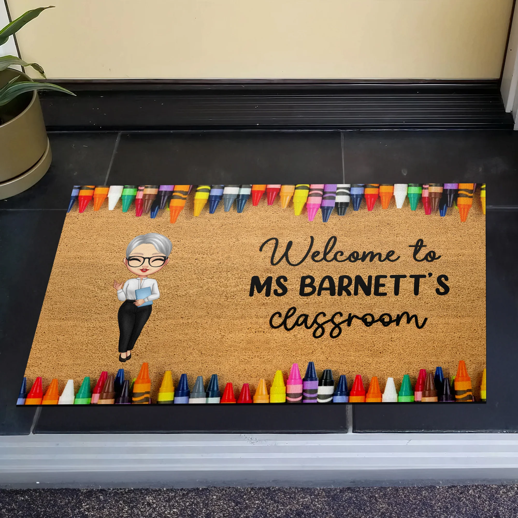 Teacher Classroom Crayon Border - Personalized Doormat, Back To School Gift, Classroom Decor | CLTC01 - Image 4