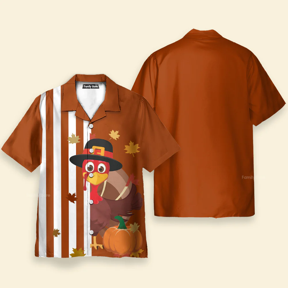 Thanksgiving Turkey Stripe Pattern Pumpkin Brown Hawaiian Shirt - Image 2