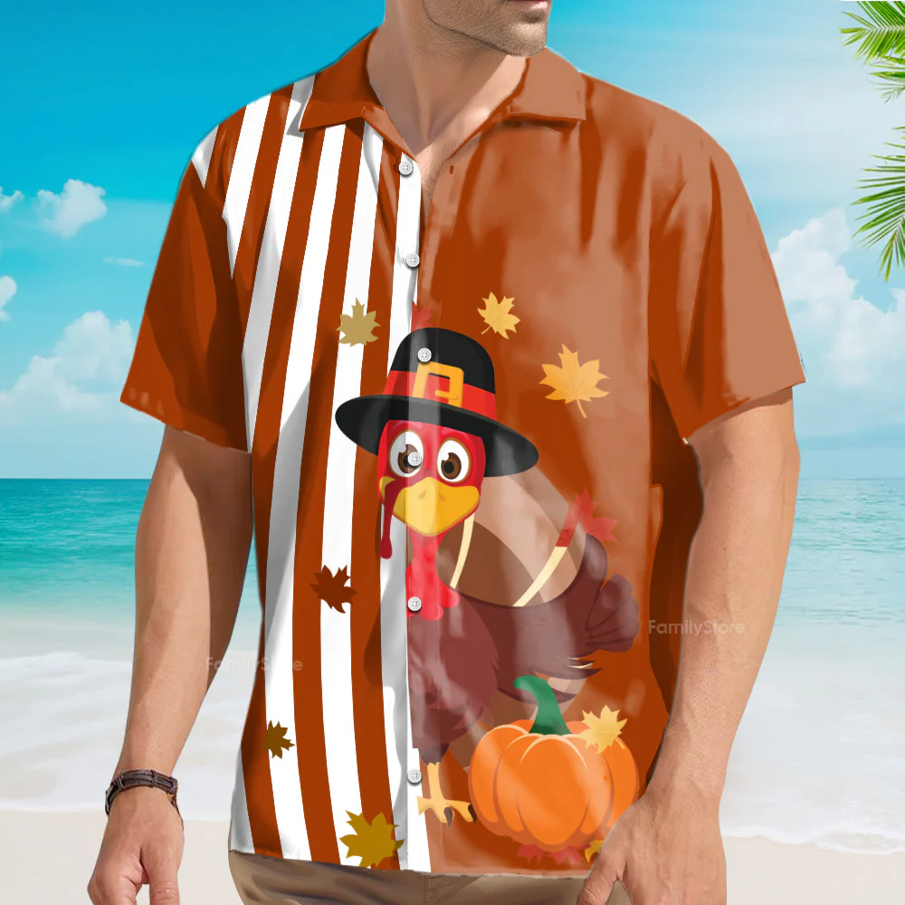 Thanksgiving Turkey Stripe Pattern Pumpkin Brown Hawaiian Shirt - Image 4