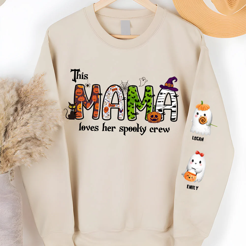 This Mama Loves Her Spooky Crew - Personalized Mama And Kids Name Sweatshirt - Halloween Gift For Grandma, Mom & Kids HH01 - Image 2
