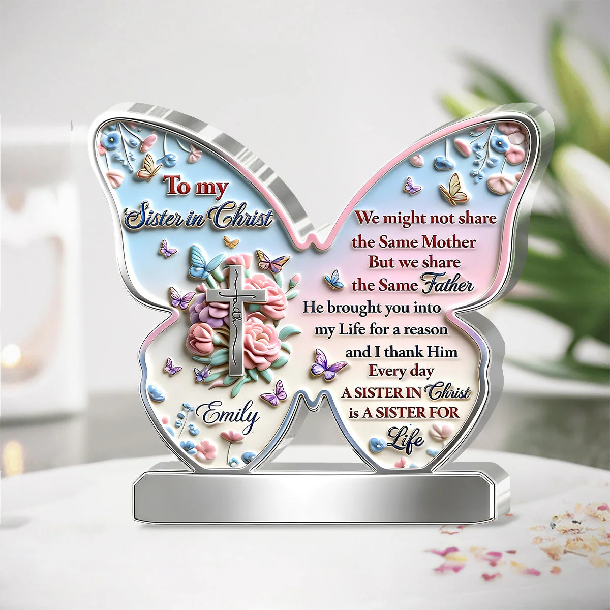 To My Sister In Christ - Personalized Custom Shaped Acrylic Plaque - Christian Gift For Sister BA01