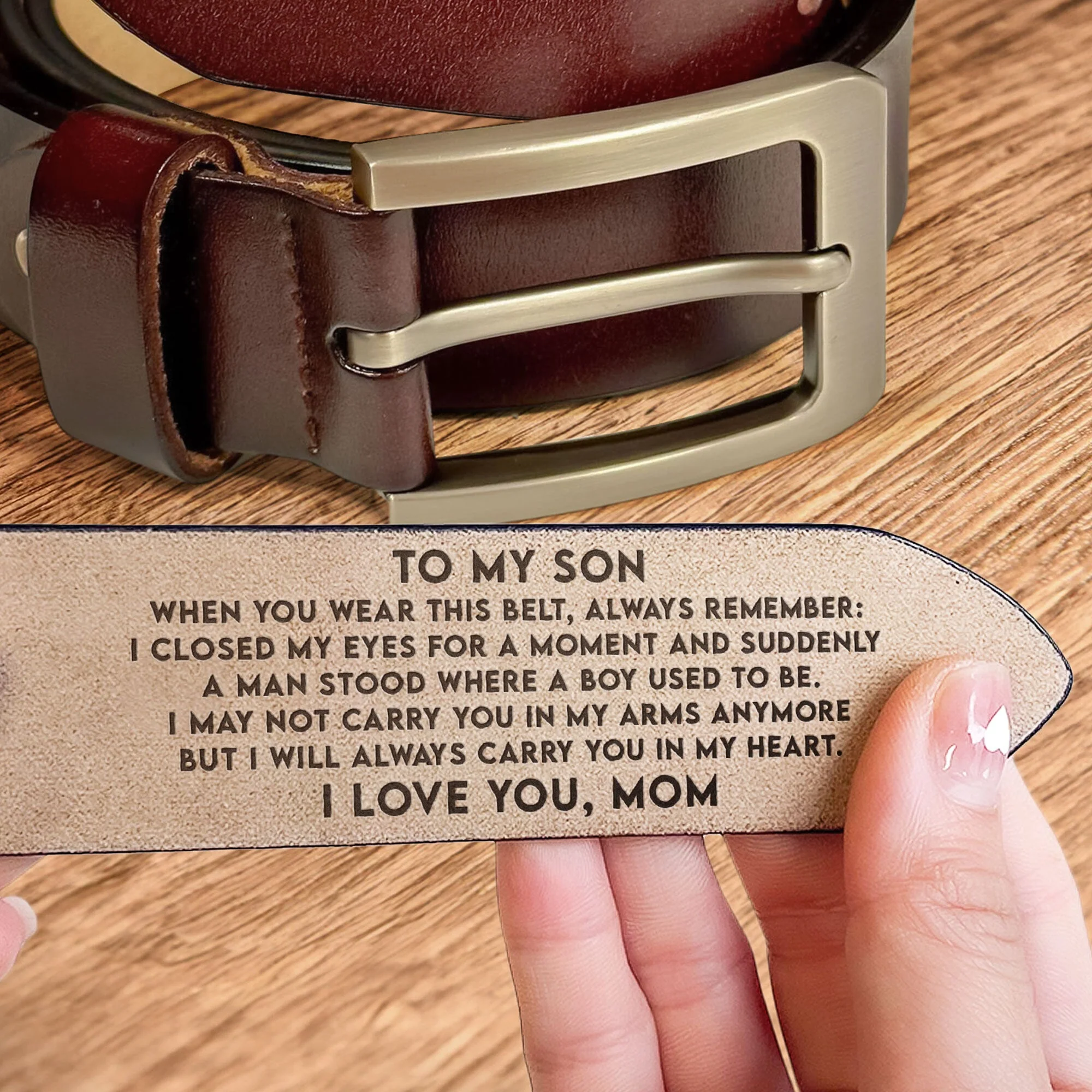 To My Son I Carry You In My Heart - Gift For Son From Parents - Personalized Engraved Leather Belt - Image 3