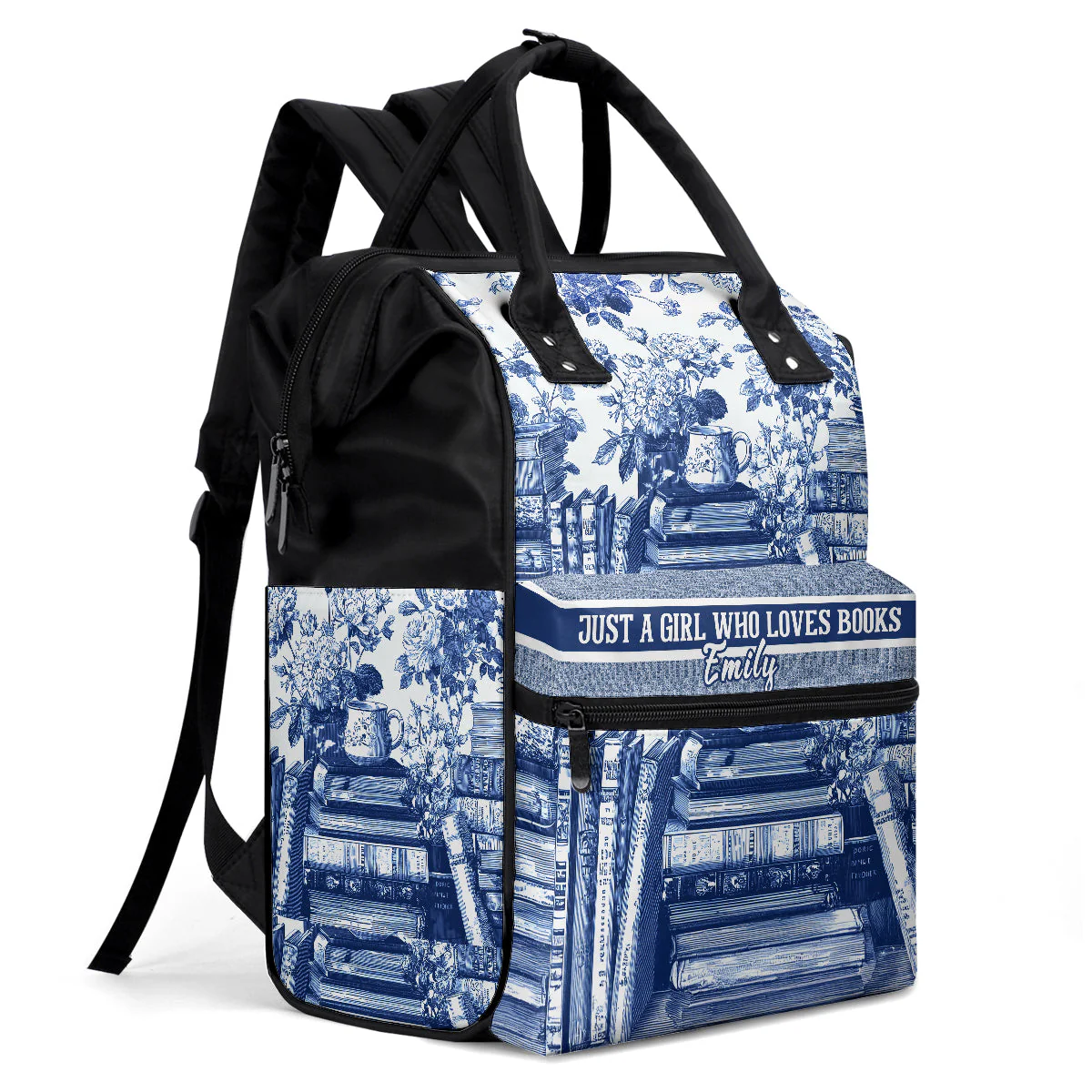 Toile De Jouy Book & Flowers - Personalized Duckbilled Backpack - Gift For Book Lovers, Readers, Women HN02 - Image 3