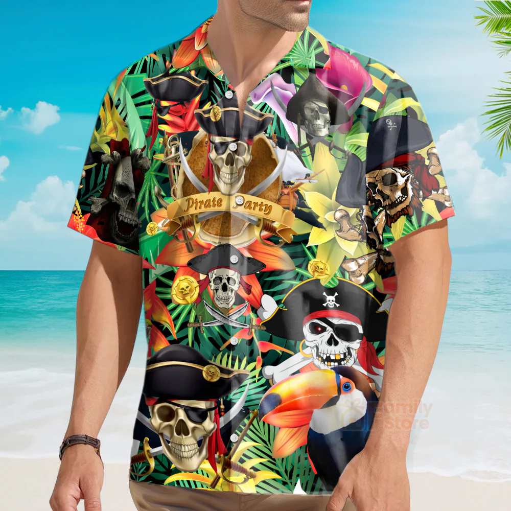Tropical Pirates Skull Make Legends Black Aloha Hawaiian Shirt - Image 4