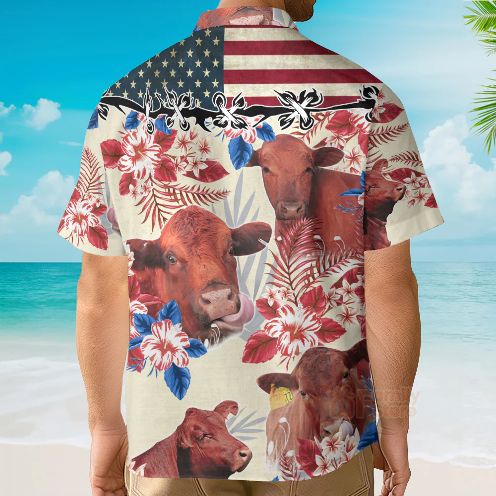 Unique Red Angus Cattle American Flag Flowers Hawaiian Shirt - Image 5