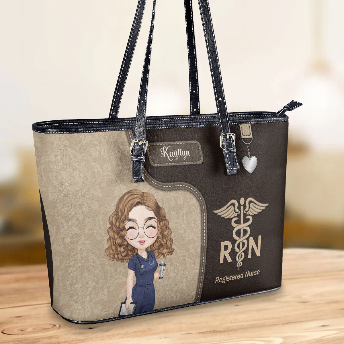 Nurse With Healthcare Icon - Personalized Leather Tote Bag - Gift For Nurse | NR4 HH01 - Image 2