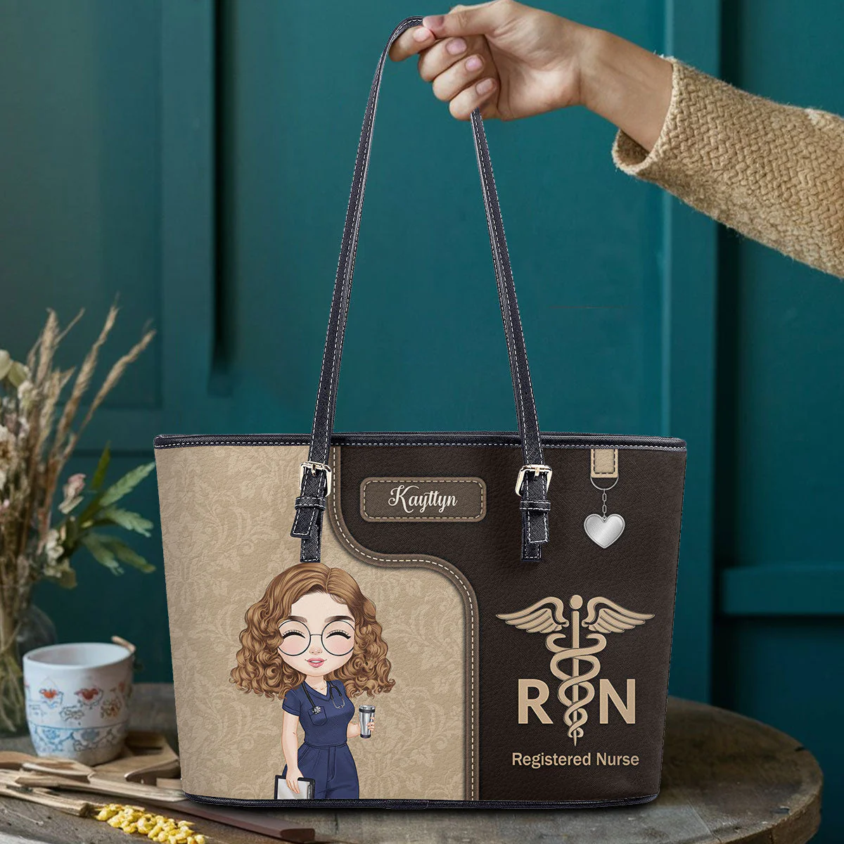 Nurse With Healthcare Icon - Personalized Leather Tote Bag - Gift For Nurse | NR4 HH01 - Image 3