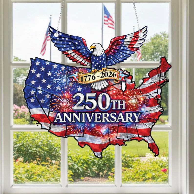 USA 250th Anniversary With Eagle - Personalized Window Hanging Suncatcher - Gift For Patriotic HN02