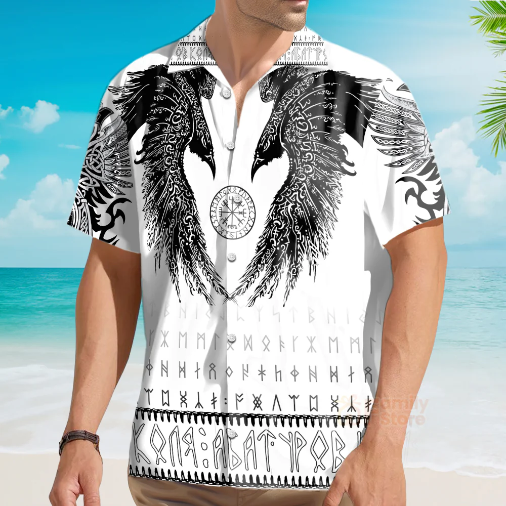 Viking Black Runic Raven Scandinavian Hawaiian Shirt - Image 3