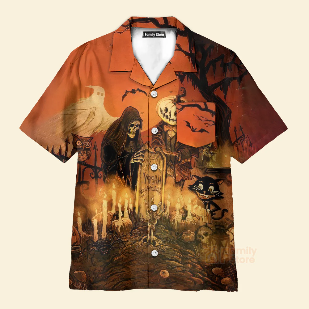 Vintage Halloween Grim Reaper, Black Cat - Hawaiian Shirt - Image 2