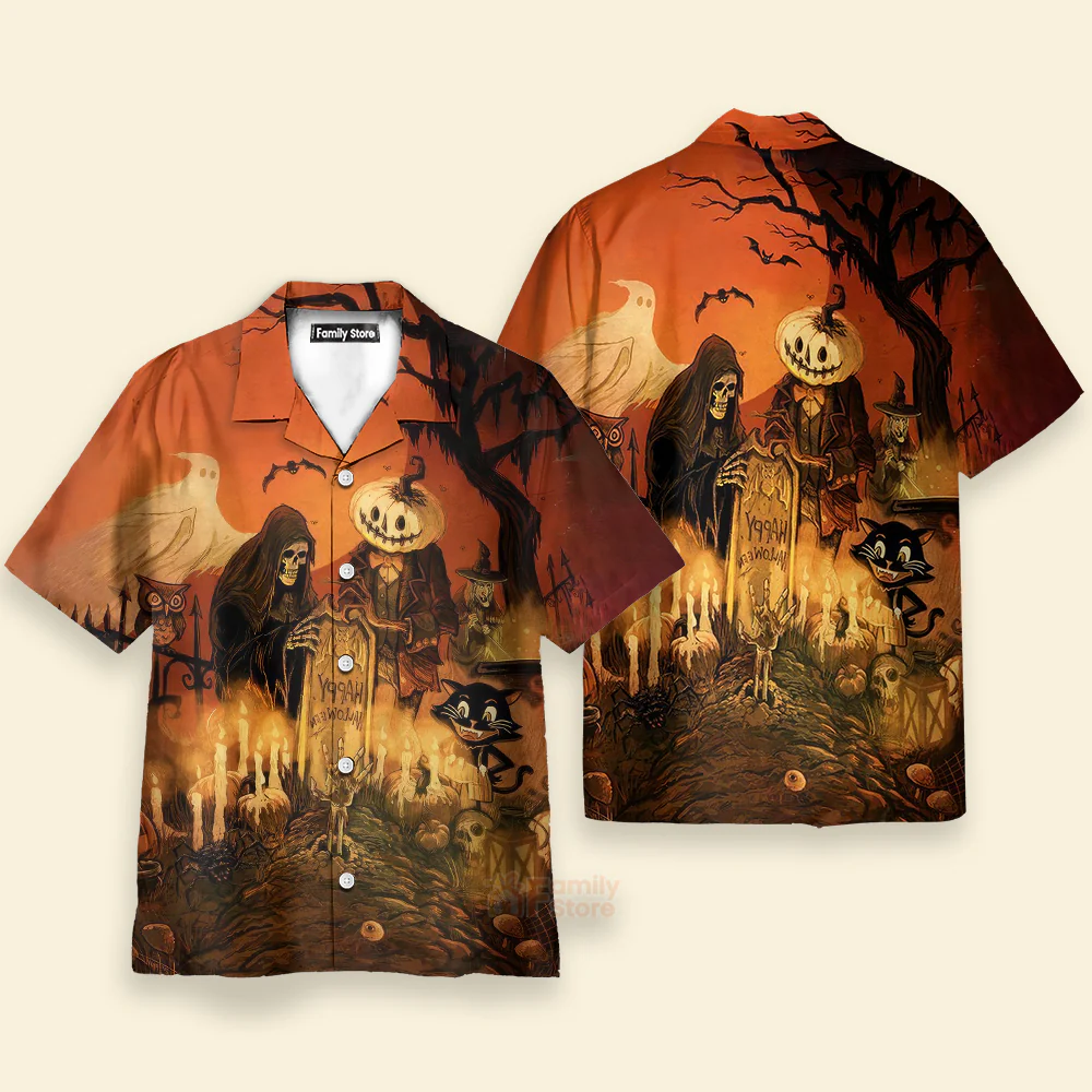 Vintage Halloween Grim Reaper, Black Cat - Hawaiian Shirt - Image 3