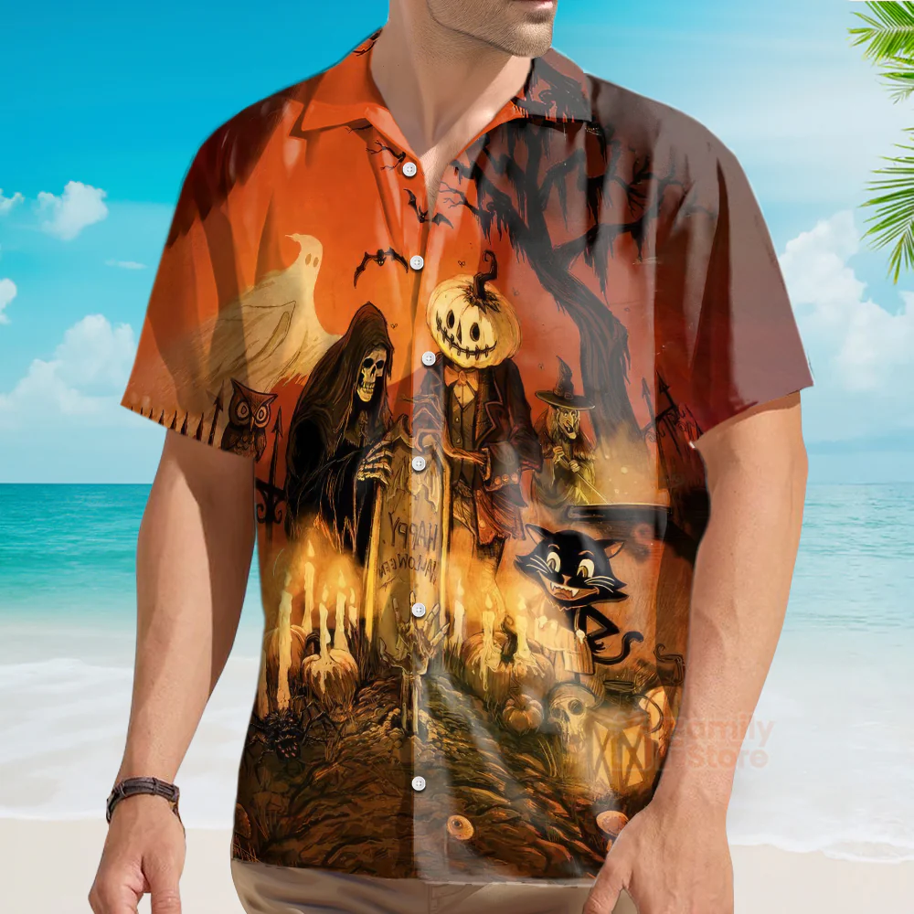 Vintage Halloween Grim Reaper, Black Cat - Hawaiian Shirt - Image 4