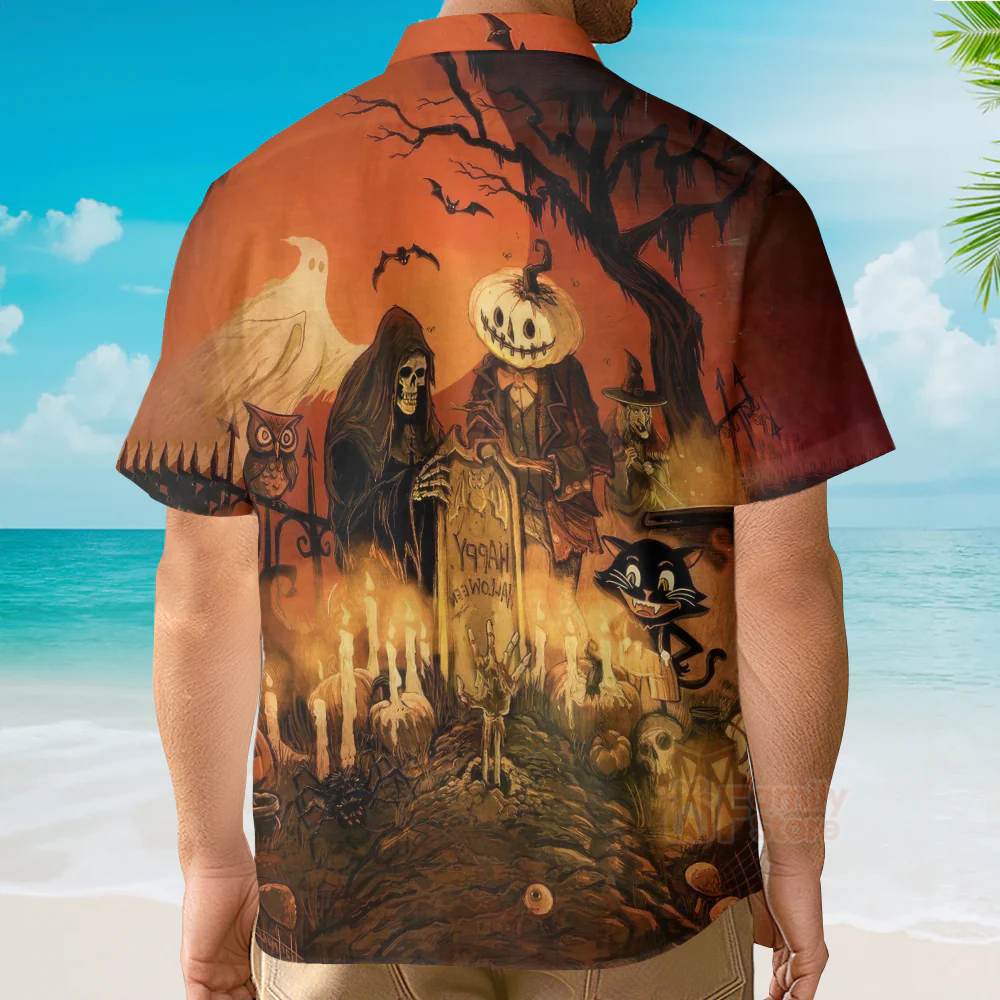 Vintage Halloween Grim Reaper, Black Cat - Hawaiian Shirt - Image 5