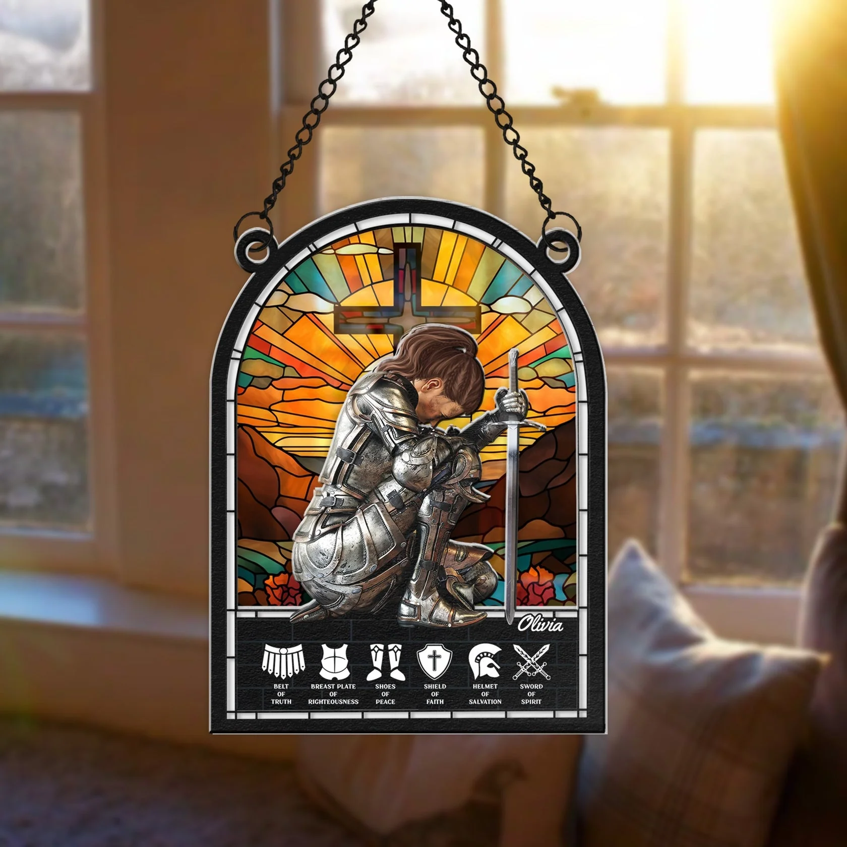 Warrior Woman Put On The Full Armor Of God - Personalized Window Hanging Suncatcher Ornament NL122