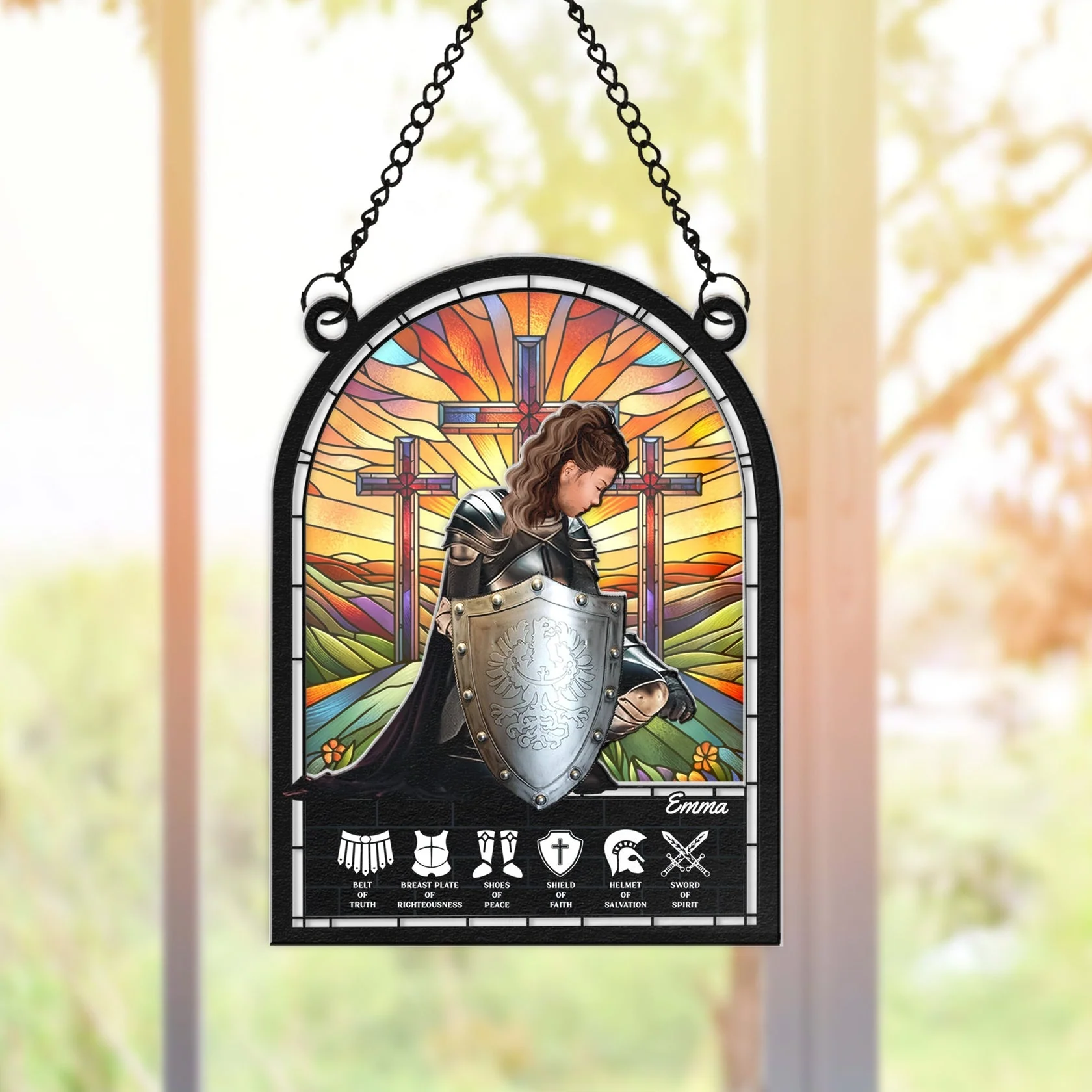 Warrior Woman Put On The Full Armor Of God - Personalized Window Hanging Suncatcher Ornament NL122 - Image 4