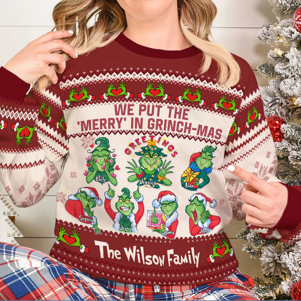 We Put The Merry In Grinch - mas Green Monsters - Personalized Ugly Sweater - Gift For Family Members, Friends NA94 - Image 2