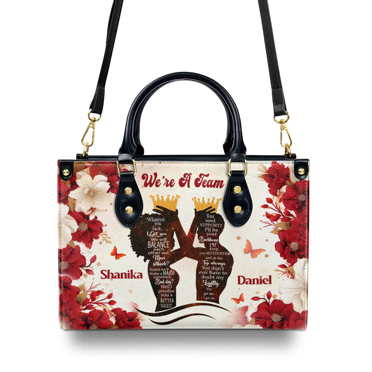 We’re A Team Tote - Personalized Romantic Leather Handbag - Couple Gift For Black Women | HD95