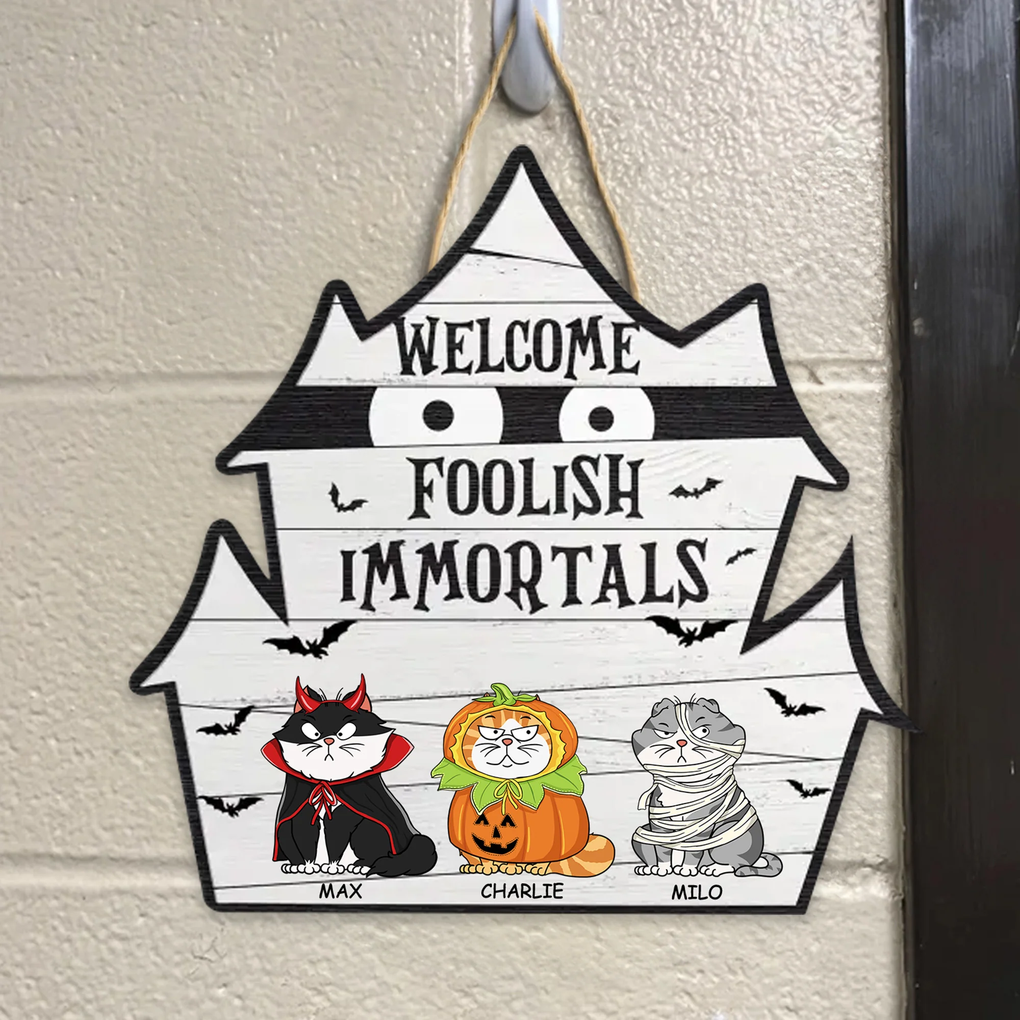 Welcome Foolish Immortal - Halloween Gift For Cat Lover - Personalized Custom Shaped Wood Sign - CLP01 NH96 - Image 3