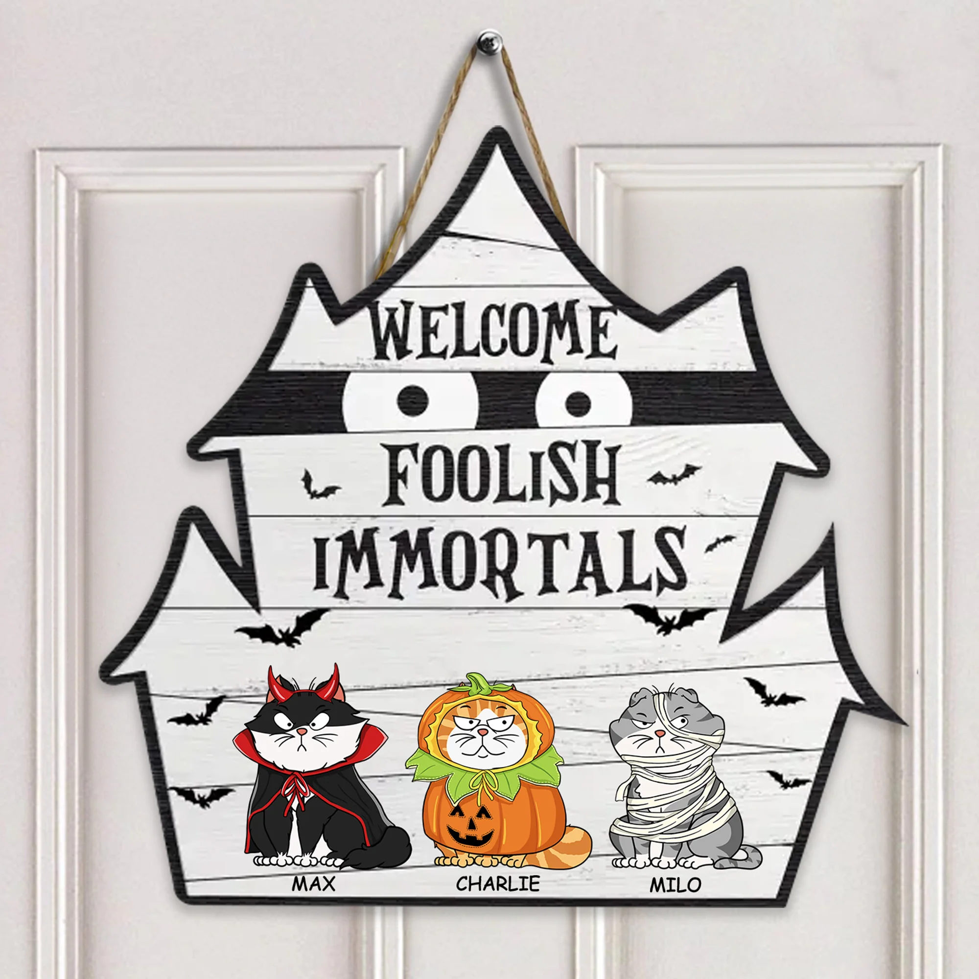 Welcome Foolish Immortal - Halloween Gift For Cat Lover - Personalized Custom Shaped Wood Sign - CLP01 NH96 - Image 4