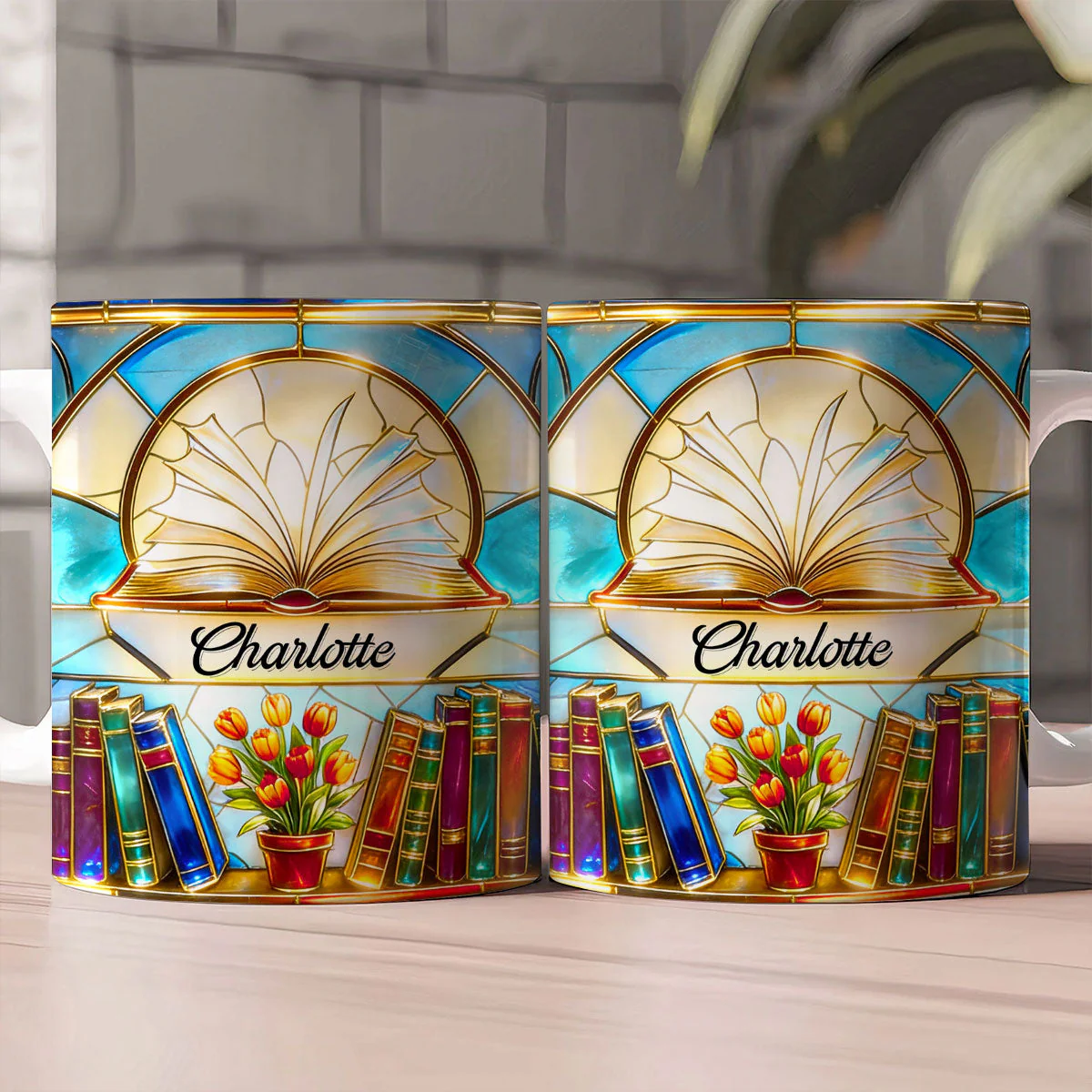 Whimsical Open Book And Tulips - Personalized White Edge-to-Edge Mug - Gift For Book Lovers, Readers, Women HN02 - Image 2