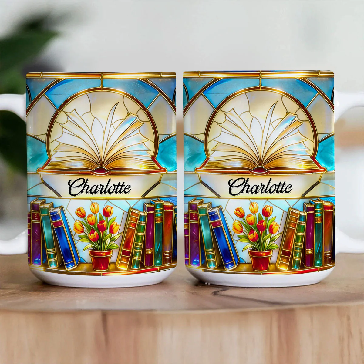 Whimsical Open Book And Tulips - Personalized White Edge-to-Edge Mug - Gift For Book Lovers, Readers, Women HN02 - Image 3