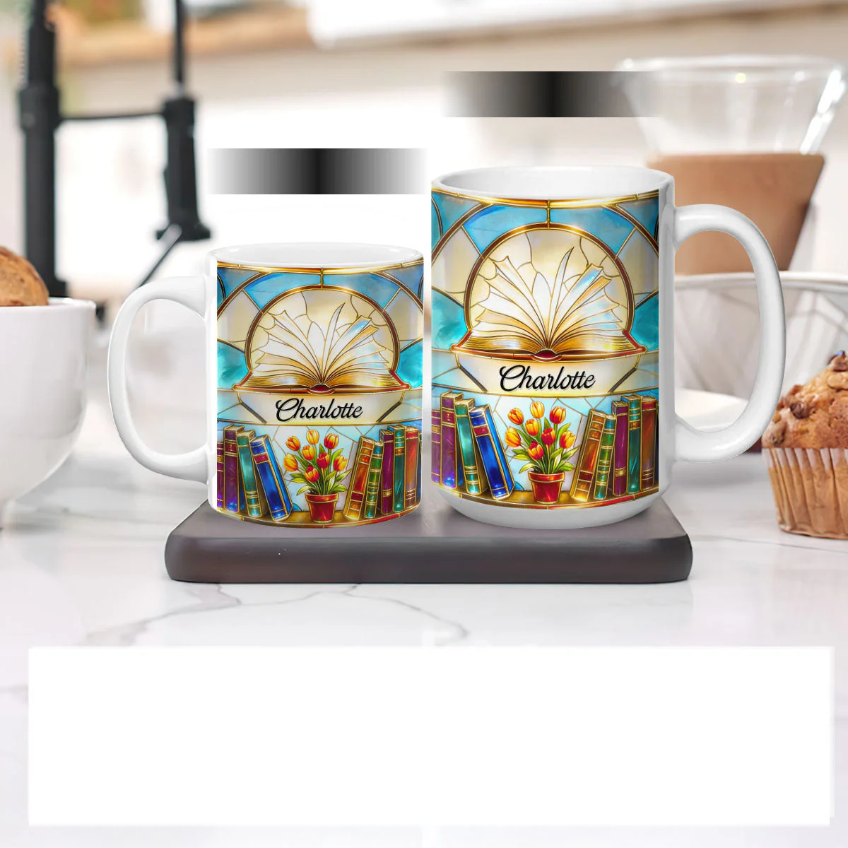 Whimsical Open Book And Tulips - Personalized White Edge-to-Edge Mug - Gift For Book Lovers, Readers, Women HN02 - Image 5