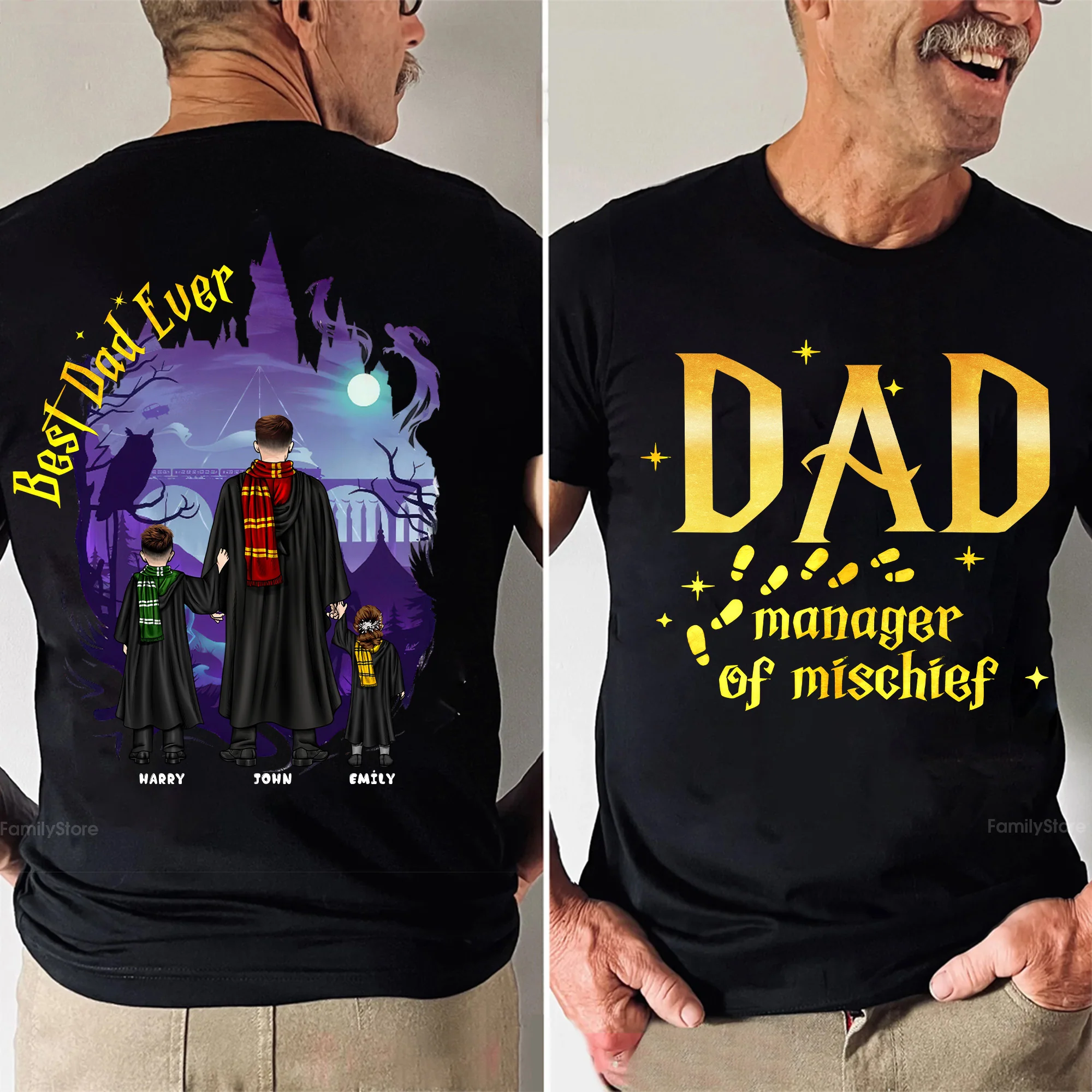 Wizard And Witch Best Dad Ever Manage Of Mischief - Personalized Shirt 2 Side - Gift For Dad, Father's Day | CL25 NA94
