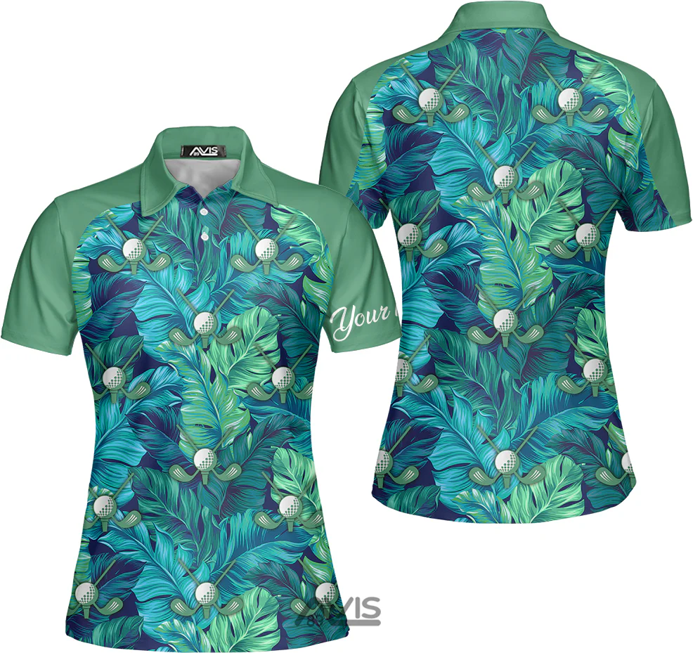 Tropical Leaves Green Golf - Personalized Women Polo - Image 2