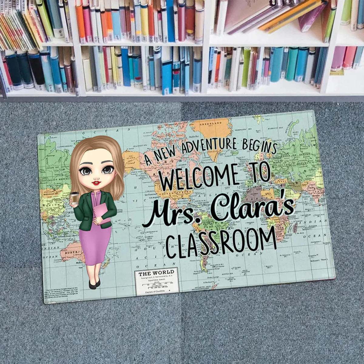 World Map Adventure Themed Welcome To Classroom - Personalized Doormat, Gift For Teacher, Classroom Decor | CLTC01