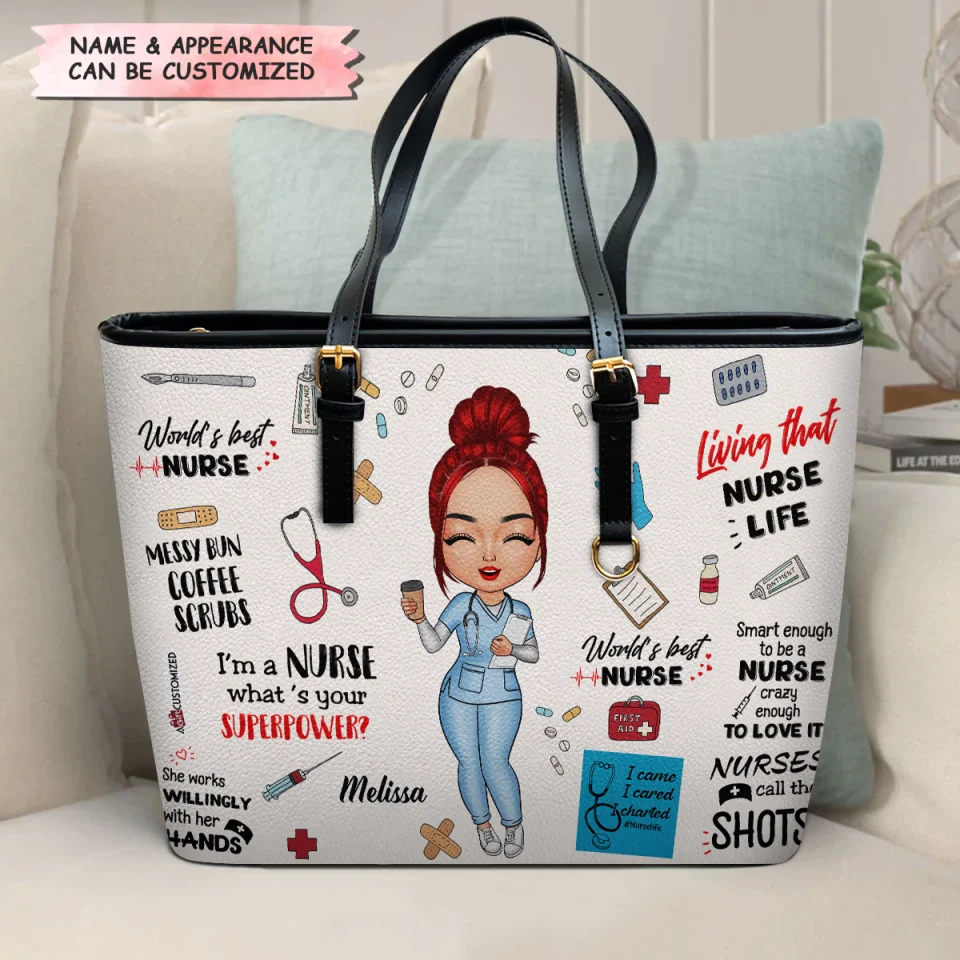 World's Best Nurse - Personalized Leather Tote Bag - Gift For Nurse | NR4 HH01 - Image 3
