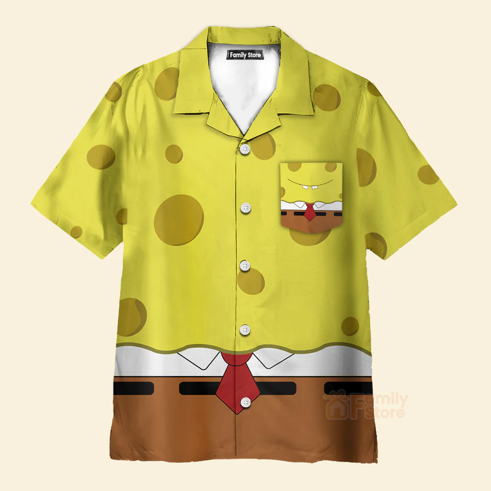 Yellow Sponge Man Cartoon Costume Breast Pocke Hawaiian Shirt - Image 2