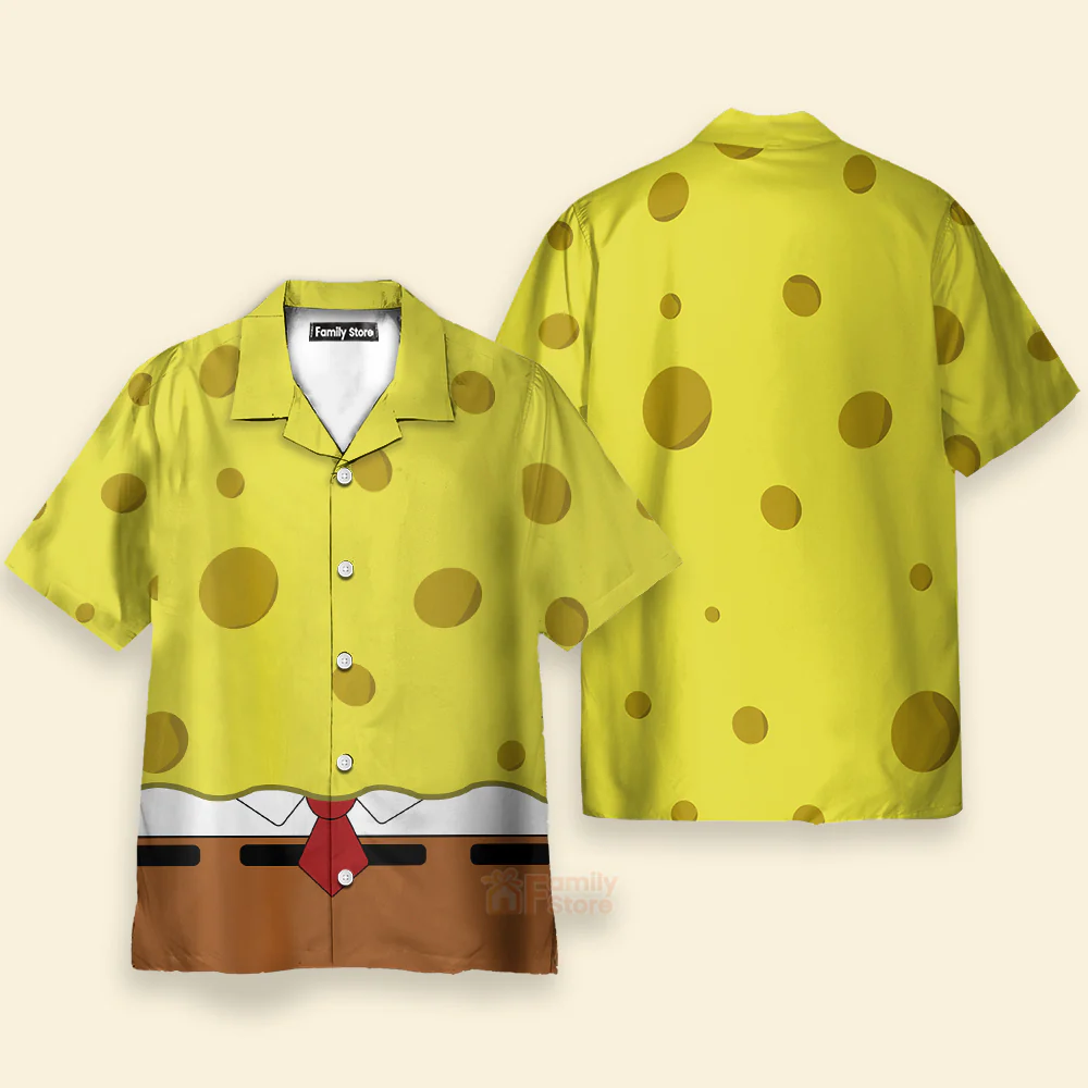 Yellow Sponge Man Cartoon Costume Breast Pocke Hawaiian Shirt - Image 3